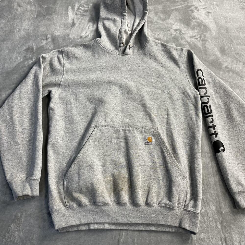 Carhartt‎ Hoodie Sweatshirt Mens Medium Gray Loose Fit Sleeve Logo Stained